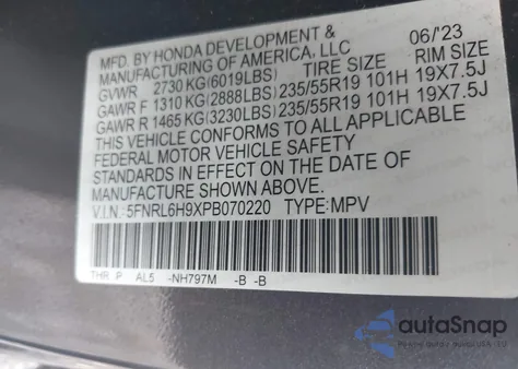 2023 Honda Odyssey Elite from USA, damaged, VIN 5FNRL6H9XPB070220